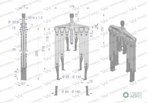 Zestaw ściągaczy do łożysk dwuramiennych z przedłużonymi ramionami typ T 80-180 Waryński