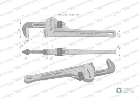 Klucz do rur typ amerykański 12" uchwyt aluminium wzmocniony szczęki CrMo max średnica Waryński Klucz do rur typ amerykański 12" uchwyt aluminium wzmocniony szczęki CrMo max średnica Waryński