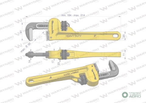 Klucz do rur typ amerykański 8" wzmocniony szczęki CrMo max średnica 30 mm Waryński Klucz do rur typ amerykański 8" wzmocniony szczęki CrMo max średnica 30 mm Waryński