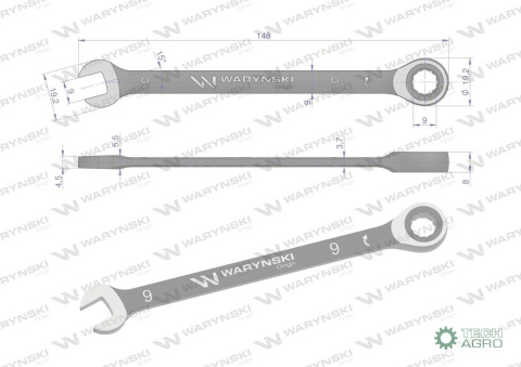 Klucz płasko-oczkowy 9 mm z grzechotką 72 zęby standard ASME B107-2010 Waryński Klucz płasko-oczkowy 9 mm z grzechotką 72 zęby standard ASME B107-2010 Waryński