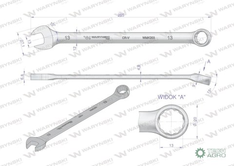 Klucz płaskooczkowy extra długi 13mm dł 205mm standard ASME B107.9M Waryński Klucz płaskooczkowy extra długi 13mm dł 205mm standard ASME B107.9M Waryński
