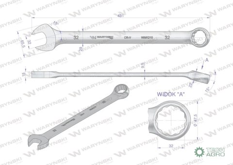 Klucz płaskooczkowy extra długi 32mm dł 431mm standard ASME B107.9M Waryński Klucz płaskooczkowy extra długi 32mm dł 431mm standard ASME B107.9M Waryński