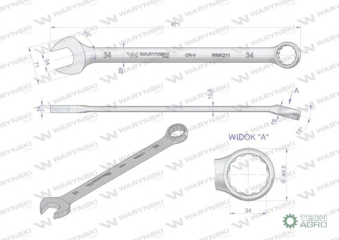 Klucz płaskooczkowy extra długi 34mm dł 471mm standard ASME B107.9M Waryński Klucz płaskooczkowy extra długi 34mm dł 471mm standard ASME B107.9M Waryński