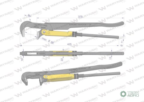 Szczypce nastawne szwedzkie do rur szczęki typ 90° o rozstawie max 55mm 1.5" długość 425mm Waryński Szczypce nastawne szwedzkie do rur szczęki typ 90° o rozstawie max 55mm 1.5" długość 425mm Waryński