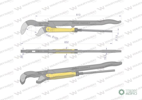 Szczypce nastawne szwedzkie do rur szczęki typ S o rozstawie max 103mm długość 652mm Waryński Szczypce nastawne szwedzkie do rur szczęki typ S o rozstawie max 103mm długość 652mm Waryński