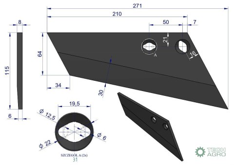 Lemiesz agregatu podorywkowego prawy 260mm/2-otwory Gruber typ Brodnica/ Uniwersalne Lemiesz agregatu podorywkowego prawy 260mm/2-otwory Gruber typ Brodnica/ Uniwersalne