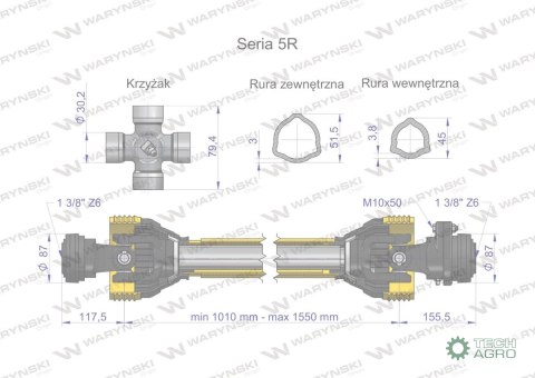 Wał przegubowo-teleskopowy 1010-1550mm 620Nm sprzęgło z kołkiem 2200Nm 60970 CE 2020 seria 5R WARYŃSKI Wał przegubowo-teleskopowy 1010-1550mm 620Nm sprzęgło z kołkiem 2200Nm 60970 CE 2020 seria 5R WARYŃSKI