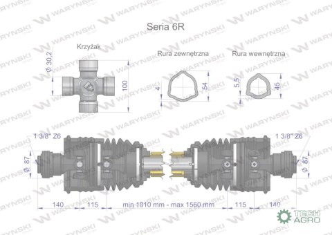 Wał przegubowo-teleskopowy 1010-1560mm 830Nm szerokokątny z dwóch stron CE 2020 seria 6R WARYŃSKI Wał przegubowo-teleskopowy 1010-1560mm 830Nm szerokokątny z dwóch stron CE 2020 seria 6R WARYŃSKI
