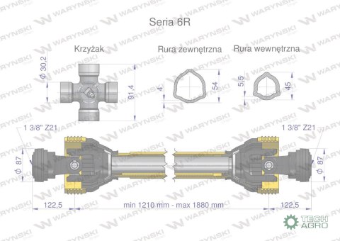 Wał przegubowo-teleskopowy 1210-1880mm 830Nm Z21 z dwóch stron CE 2020 seria 6R Waryński Wał przegubowo-teleskopowy 1210-1880mm 830Nm Z21 z dwóch stron CE 2020 seria 6R Waryński