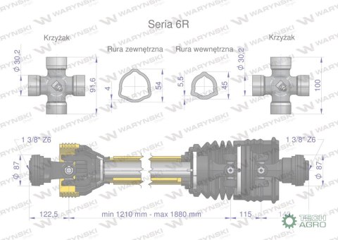 Wał przegubowo-teleskopowy 1210-1880mm 830Nm szerokokątny CE 2020 seria 6R Waryński Wał przegubowo-teleskopowy 1210-1880mm 830Nm szerokokątny CE 2020 seria 6R Waryński