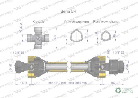 Wał przegubowo-teleskopowy 1290-2050mm 620Nm sprzęgło jednokierunkowe 60290 CE 2020 seria 5R Waryński Wał przegubowo-teleskopowy 1290-2050mm 620Nm sprzęgło jednokierunkowe 60290 CE 2020 seria 5R Waryński