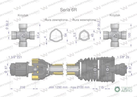 Wał przegubowo-teleskopowy 1290-2100mm 830Nm sprzęgło zapadkowe 1200 Nm Z21 dr. st. szerokokątny CE 2020 seria 6R Waryński Wał przegubowo-teleskopowy 1290-2100mm 830Nm sprzęgło zapadkowe 1200 Nm Z21 dr. st. szerokokątny CE 2020 seria 6R Waryński
