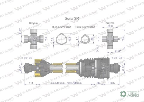 Wał przegubowo-teleskopowy 510-720mm 460Nm szerokokątny od st.maszyny CE 2020 seria 3R WARYŃSKI Wał przegubowo-teleskopowy 510-720mm 460Nm szerokokątny od st.maszyny CE 2020 seria 3R WARYŃSKI
