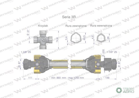 Wał przegubowo-teleskopowy 860-1250mm 460Nm sprzęgło jednokierunkowe CE 2020 seria 3R WARYŃSKI Wał przegubowo-teleskopowy 860-1250mm 460Nm sprzęgło jednokierunkowe CE 2020 seria 3R WARYŃSKI
