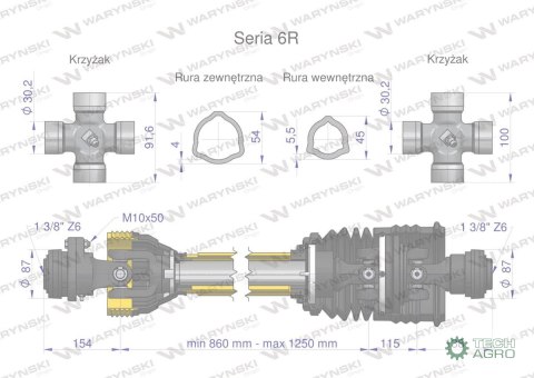 Wał przegubowo-teleskopowy 860-1250mm 830Nm sprzęgło z kołkiem 2200Nm z drugiej stron szerokokątny CE 2020 seria 6R Waryński Wał przegubowo-teleskopowy 860-1250mm 830Nm sprzęgło z kołkiem 2200Nm z drugiej stron szerokokątny CE 2020 seria 6R Waryński