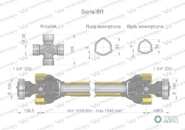 Wał przegubowo-teleskopowy 1010-1540mm 1240Nm Z20 - 1 3/4 z dwóch stron CE 2020 seria 8R Waryński