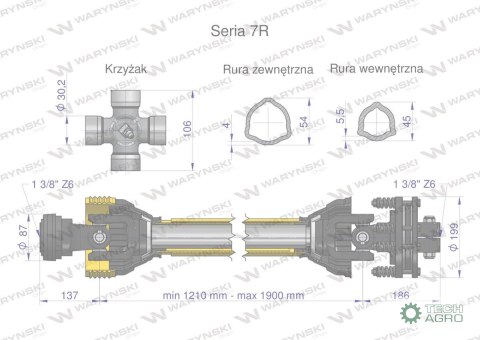 Wał przegubowo-teleskopowy 1210-1900mm 970Nm sprzęgło cierne 1700Nm CE 2020 seria 7R Waryński Wał przegubowo-teleskopowy 1210-1900mm 970Nm sprzęgło cierne 1700Nm CE 2020 seria 7R Waryński