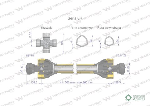 Wał przegubowo-teleskopowy 560-800mm 1240Nm CE 2020 seria 8R Waryński Wał przegubowo-teleskopowy 560-800mm 1240Nm CE 2020 seria 8R Waryński