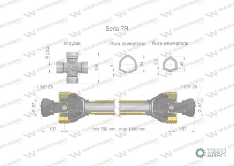 Wał przegubowo-teleskopowy 760-1040mm 970Nm CE 2020 seria 7R Waryński Wał przegubowo-teleskopowy 760-1040mm 970Nm CE 2020 seria 7R Waryński