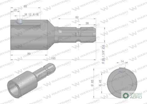 Redukcja adapter na wpust otwór wew. Q 45 mm na wałek 1 3/8 " 6 wpustów WARYŃSKI Redukcja adapter na wpust otwór wew. Q 45 mm na wałek 1 3/8 " 6 wpustów WARYŃSKI