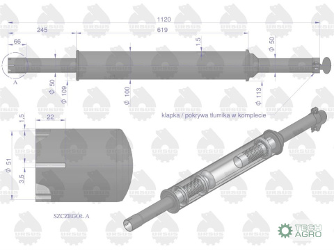 Tłumik 1120mm 3029104M1 5,2kg MF3 C-3603P (prosty) ORYGINAŁ URSUS