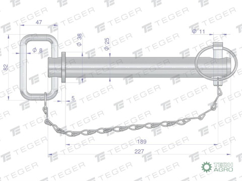 Sworzeń zaczepu z zawleczką i łańcuchem 25x189x227 TEGER Sworzeń zaczepu z zawleczką i łańcuchem 25x189x227 TEGER