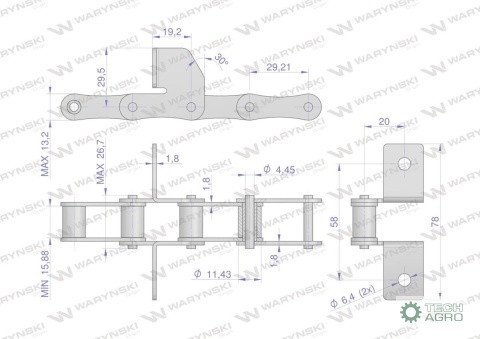 Łańcuch podajnika S32 łapka SD co 6 ogniwa 5m Waryński