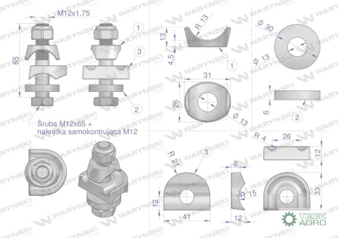 Mocowanie palca kpl. śruba M12 zastosowanie Deutz Fahr Waryński