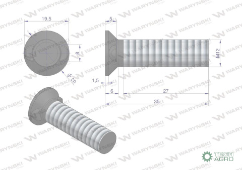 Śruba kpl. płużna dwunoskowa M12x35 mm kl.12.9 Waryński Śruba kpl. płużna dwunoskowa M12x35 mm kl.12.9 Waryński