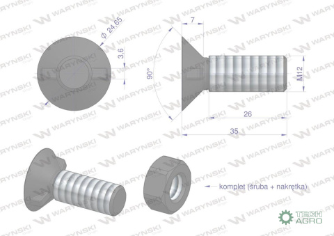Śruba kpl. płużna dwunoskowa większy łeb M12x35 mm kl.10.9 Waryński Śruba kpl. płużna dwunoskowa większy łeb M12x35 mm kl.10.9 Waryński