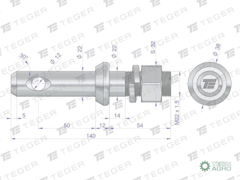 Sworzeń z gwintem T-SG22502240140 fi 22/50 mm M22x1.5/40 mm 140 mm TEGER Sworzeń z gwintem T-SG22502240140 fi 22/50 mm M22x1.5/40 mm 140 mm TEGER