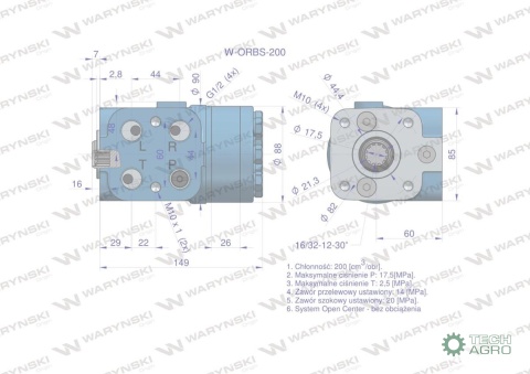 Orbitrol hydrauliczny W-ORBS 200 cm3/obr z zaworami (System Open Center - bez obciążenia) Waryński Orbitrol hydrauliczny W-ORBS 200 cm3/obr z zaworami (System Open Center - bez obciążenia) Waryński