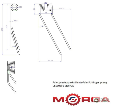 Palec przetrząsarka Deutz-Fahr Pottinger prawy 06580391 malowane proszkowo MORGA