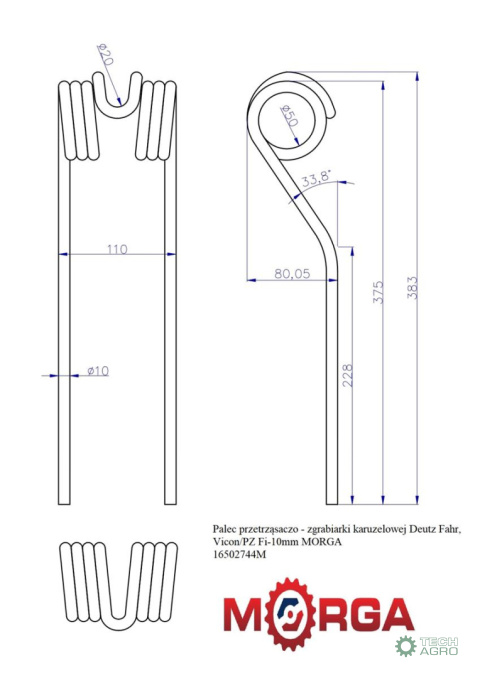 Palec przetrząsaczo - zgrabiarki karuzelowej Deutz Fahr, Vicon/PZ Fi-10mm malowane proszkowo MORGA Palec przetrząsaczo - zgrabiarki karuzelowej Deutz Fahr, Vicon/PZ Fi-10mm malowane proszkowo MORGA