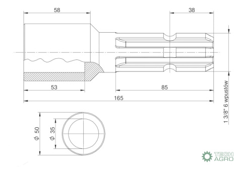 Redukcja wałka WOM adapter otwór wew. Q 35 mm na wałek 1 3/8" 6 wpustów MORGA Redukcja wałka WOM adapter otwór wew. Q 35 mm na wałek 1 3/8" 6 wpustów MORGA