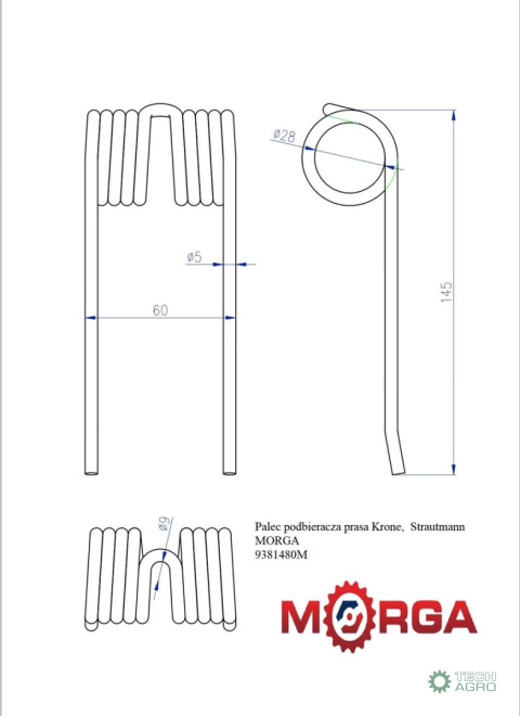 Palec podbieracza prasa Krone, Strautmann malowane proszkowo MORGA Palec podbieracza prasa Krone, Strautmann malowane proszkowo MORGA