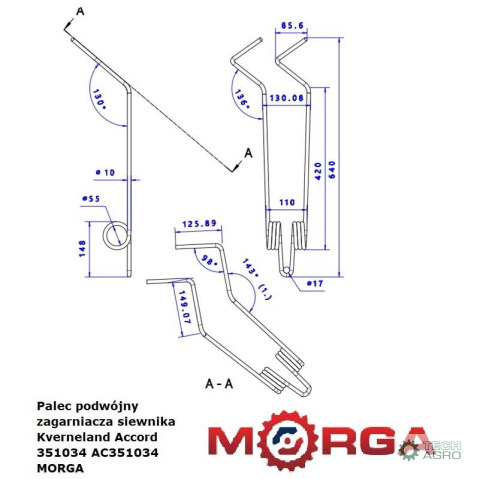 Palec podwójny zagarniacza siewnika Kverneland Accord 351034 AC351034 malowany proszkowo MORGA Palec podwójny zagarniacza siewnika Kverneland Accord 351034 AC351034 malowany proszkowo MORGA