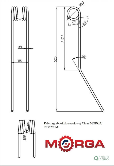 Palec zgrabiarki karuzelowej Claas 9536290 malowane proszkowo MORGA Palec zgrabiarki karuzelowej Claas 9536290 malowane proszkowo MORGA
