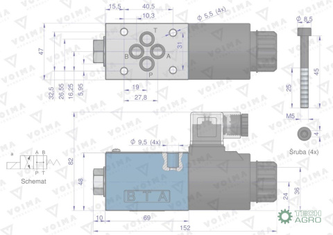 Rozdzielacz (elektrozawór CETOP 3 NG6) 2-pozycyjny 50L suwak "HA" (cewka x1) 230V VOIMA