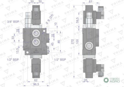 Rozdzielacz hydrauliczny 1-sekcyjny sterowany elektrycznie 12V 40L VOIMA