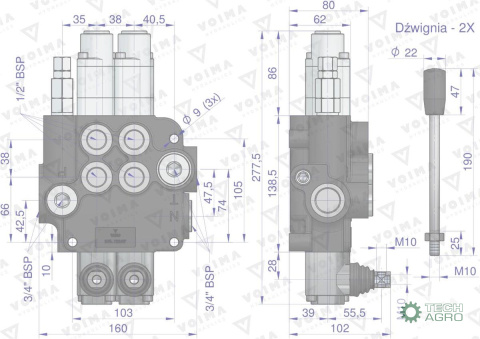 Rozdzielacz hydrauliczny 2-sekcyjny 80L (2-sekcje pływające) VOIMA Rozdzielacz hydrauliczny 2-sekcyjny 80L (2-sekcje pływające) VOIMA