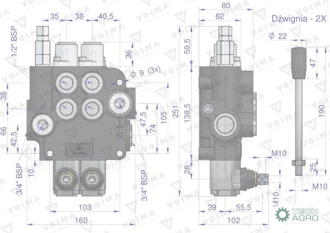 Rozdzielacz hydrauliczny 2-sekcyjny 80L z zatrzaskami VOIMA