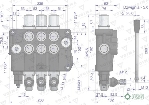 Rozdzielacz hydrauliczny 3-sekcyjny 120L VOIMA