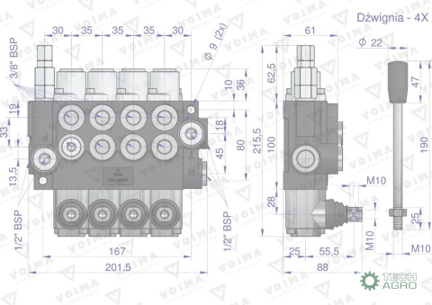 Rozdzielacz hydrauliczny 4-sekcyjny 40L (1-sekcja nurnikowa) VOIMA Rozdzielacz hydrauliczny 4-sekcyjny 40L (1-sekcja nurnikowa) VOIMA
