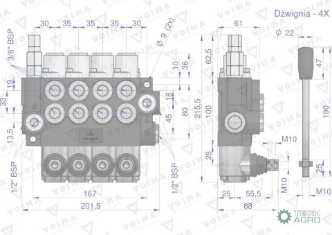 Rozdzielacz hydrauliczny 4-sekcyjny 40L (1 sekcja z zatrzaskiem) VOIMA Rozdzielacz hydrauliczny 4-sekcyjny 40L (1 sekcja z zatrzaskiem) VOIMA