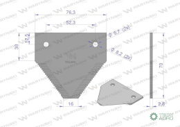 Nóż żniwny 70x76x2.8mm otwór 5.5 zastosowanie 6889590 Claas WARYŃSKI ( sprzedawane po 25 )