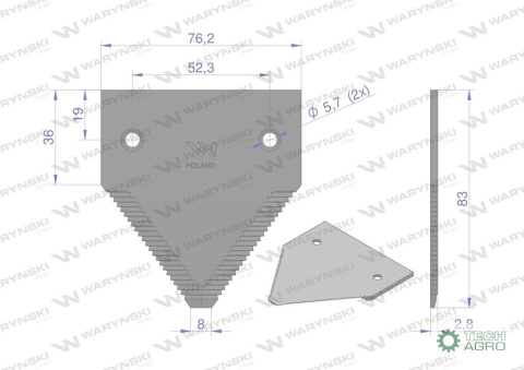 Nóż żniwny 83x76x3mm otwór 5.7 zastosowanie H213799 Schumacher WARYŃSKI ( sprzedawane po 25 ) Nóż żniwny 83x76x3mm otwór 5.7 zastosowanie H213799 Schumacher WARYŃSKI ( sprzedawane po 25 )