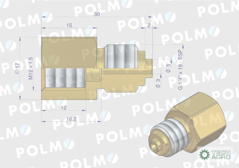 Złączka manometryczna gwint zewnętrzny G1/4" x gwint wewnętrzny M12x1.5 (mosiądz) POLMO Złączka manometryczna gwint zewnętrzny G1/4" x gwint wewnętrzny M12x1.5 (mosiądz) POLMO