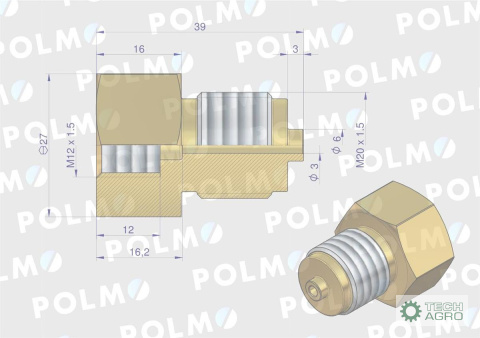 Złączka manometryczna gwint zewnętrzny M20x1.5 x gwint wewnętrzny M12x1.5 (mosiądz) POLMO Złączka manometryczna gwint zewnętrzny M20x1.5 x gwint wewnętrzny M12x1.5 (mosiądz) POLMO