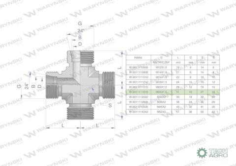Czwórnik hydrauliczny metryczny BBBB M26x1.5 18L Waryński